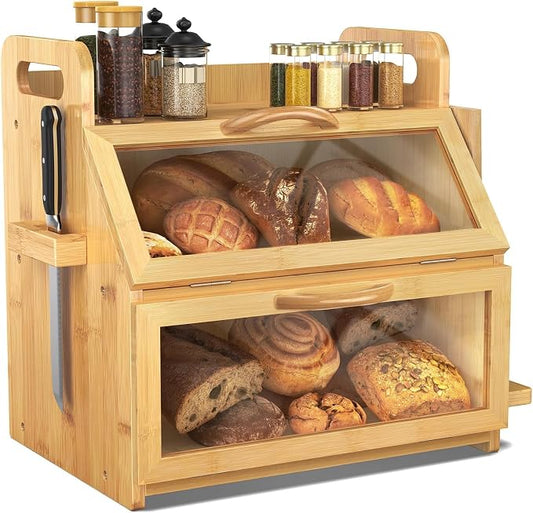 BAMBANG Bread Box for Kitchen Countertop, Extra Large Double Layer Bamboo Breadbox with Clear Window, Farmhouse Wooden Bread Storage Container for Homemade Bread, Knife & Cutting Board Holder, Natural by BAMBANG
