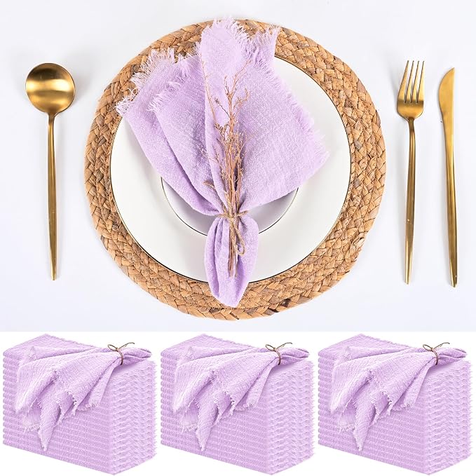 50 Pack Lavender Cloth Napkins, 16 x 16 Inch Cotton with Fringe Settings | Handmade washable reusable cotton dinner napkins in bulk for weddings, parties, rustic boho table settings by FXKS