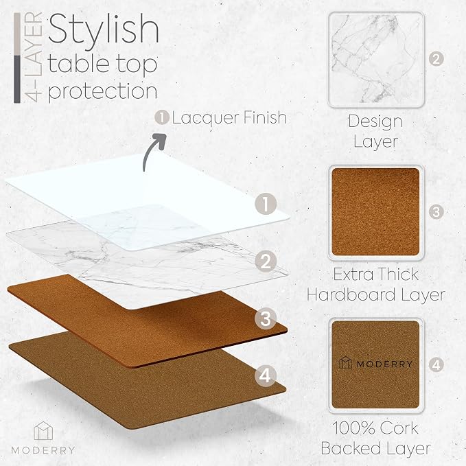 Set of 4 Heat Resistant Cork Placemats for Dining Table with Free Set of 4 Matching Drink Coasters Marble Design 16 x 12 Inches Cork Backed Hard Placemats (White Marble) - Image 3