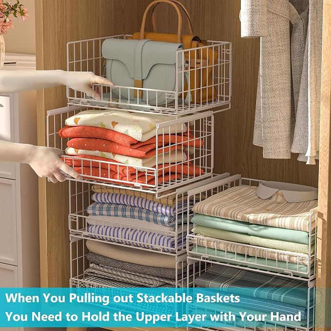 Hongtamoya 4-Tier Sliding Closet Organizers and Storage Shelves, Stackable Closet Shelf Organizer Basket Bins, Drawer Shelf Storage Container for Wardrobe Cupboard Kitchen Bathroom Office, White - Image 6