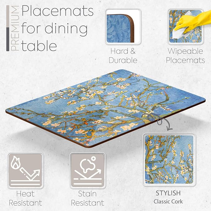 Set of 4 Heat Resistant Cork Placemats for Dining Table with Free Set of 4 Matching Drink Coasters Van Gough Blue Botanical Design 16 x 12 Inches Cork Backed Hard Placemats (Almond Blossoms) - Image 2