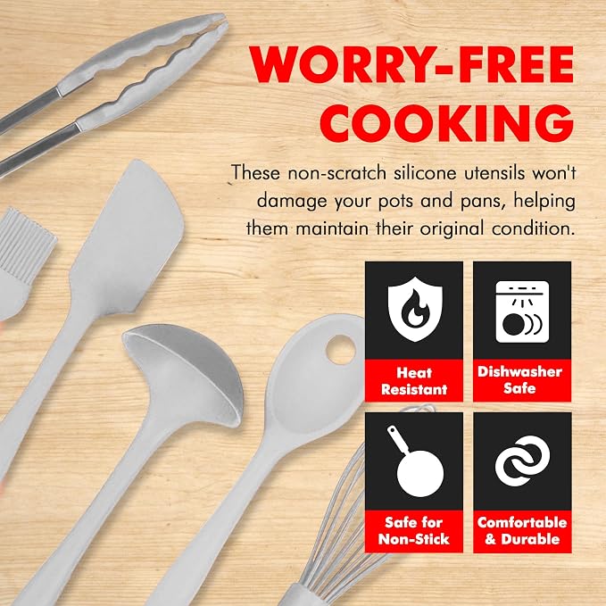 Chef Craft - Premium Silicone Kitchen Tools and Utensils Set, Non-Scratch, Withstands Temperatures up to 450°F, BPA-Free, 9 Piece Cooking Utensils Set, Gray - Image 3