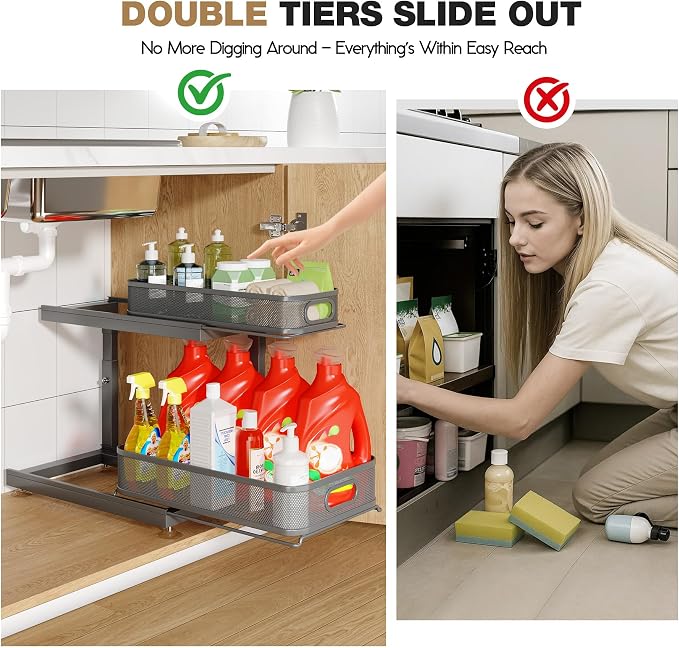 2-Pack Under Sink Storage Organizer with 2-Tier Slide Out Drawer, Sophisticated Mesh Pull Out Shelf for Kitchen & Bathroom, Fits Small Items, Upgraded Arched Track for Smooth Gliding-Gun Gray - Image 4