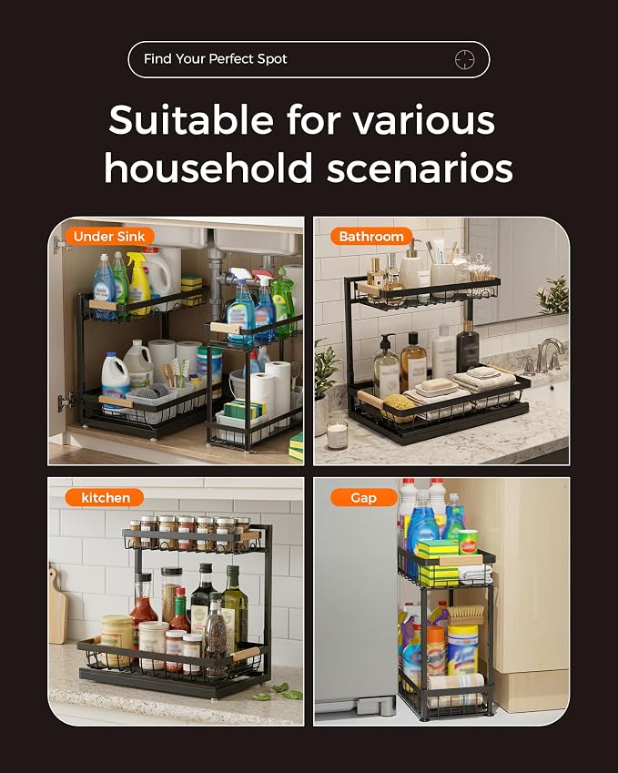 2-Pack 2-Tier Height Adjustable Under Sink Organizer & Storage | Multi-purpose storage for kitchen & bathroom cabinet. Large black shelf, height adjustable design for space-saving. - Image 8