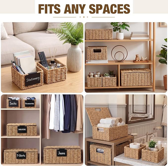 Yookeer 5 Pcs Woven Paper Rope Storage Baskets with Lid and Handles, Natural Color Large Storage Organizer with Labels, Stackable Rectangular Boho Decorative Baskets for Toys Shelves Bedroom - Image 5