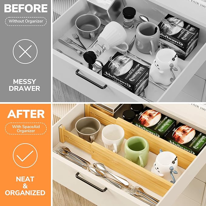 BAMEOS Bamboo Expandable Drawer Dividers – Fits 13.3"–19" Drawers, 3" Deep Walls, Set of 4 | Spring-Loaded Separator for Deep Kitchen & Bathroom Drawers, Prevents Items Falling Over - Image 7