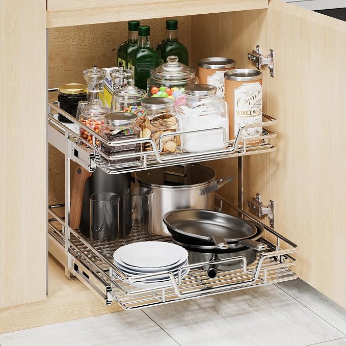 2-Tier Kitchen Cabinet Pull Out Shelf and Drawer Organizer Slide Out Pantry Storaqe Basket in Multiple Sizes (19" W x 21" D) - Image 4