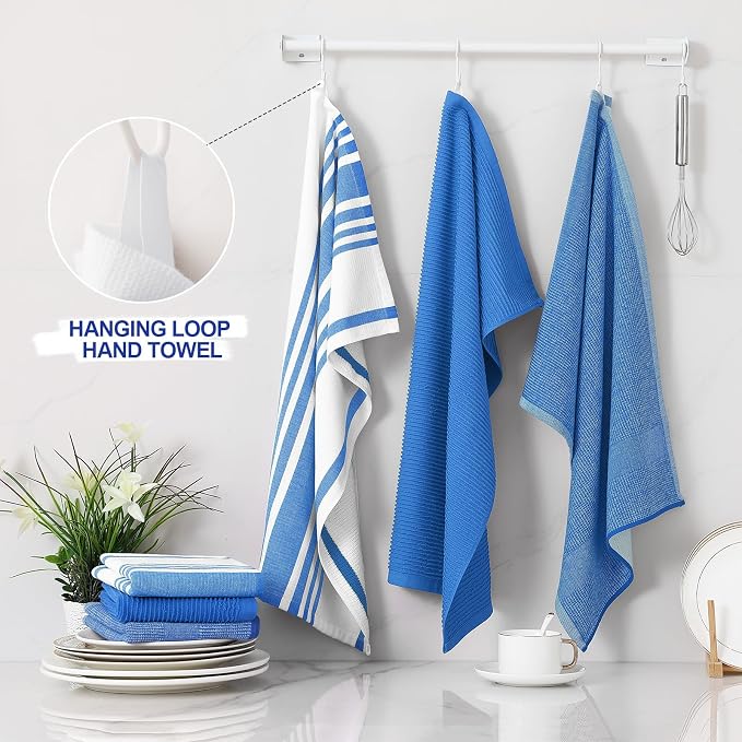 Homaxy Cotton 380 GSM Premium Kitchen Towels, 18"x 28", 6 Pack, Blueberry | Soft and Absorbent Terry Dish Towels, Multipurpose Tea Towel Set with Hanging Loop, 3 Styles Kitchen Hand Towels - Image 3