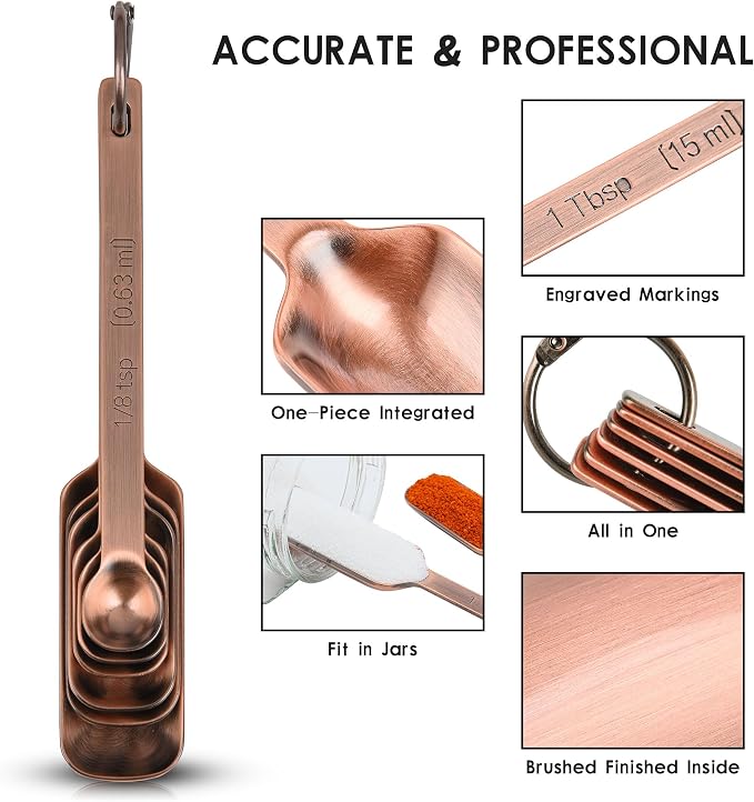 Copper Measuring Cups and Spoons Set 14, Stainless Steel Measuring Cups and Spoons set for Kitchen & Baking, 7 US & Metric Measure Cups & 6 Long Handle Spice Measuring spoons & 1 leveler - Image 7