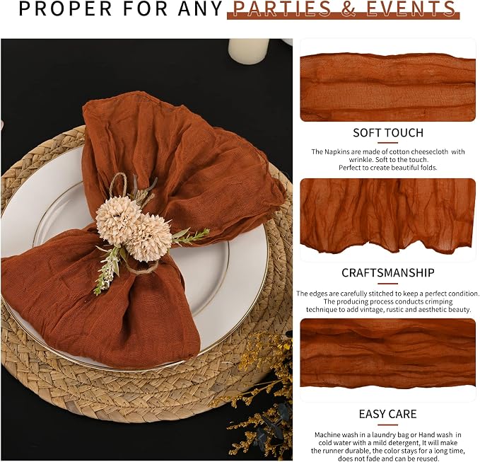 84 Pack Terracotta Cheese Cloth Napkins Gauze Napkin Cloth Bulk Set of 84 Washable Boho Dinner Table Napkins for Wedding Party Baby Shower Birthday Party Decorations，20 x 20 Inch - Image 3