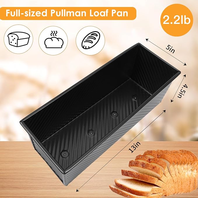 2-Pack Black 13inch Pullman Loaf Pan with Lid, Premium Aluminized Steel Non-Stick Coating Bread Pan, PFTE and PFOA-Free, Safe and Healthy Baking for Homemade Bread with Family-sized - Image 5