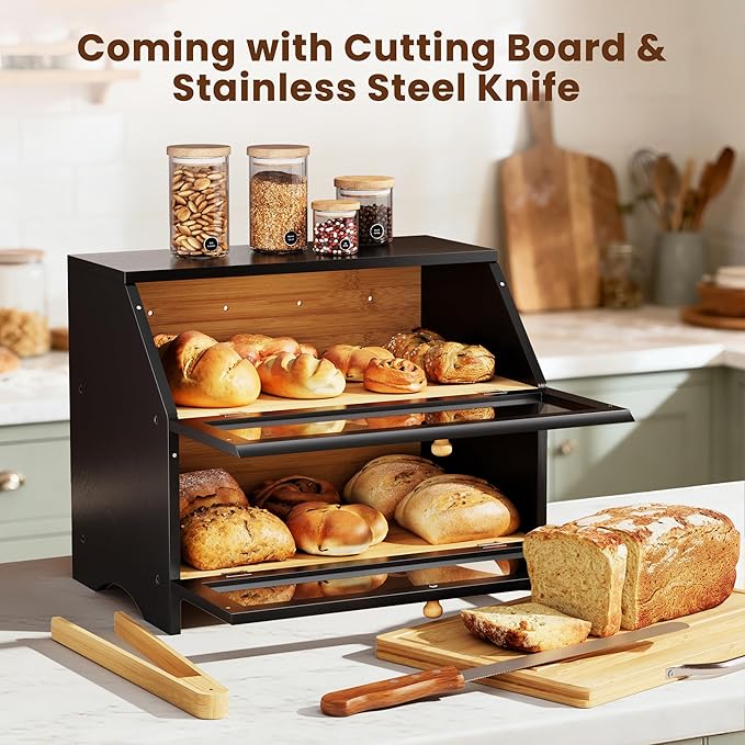 MAISONPEX Double Layer Bamboo Bread Box for Kitchen Countertop, Large Capacity, Cutting Board, Stainless Steel Bread Knife, Double Layer Storage Container with Clear Windows, Black - Image 2