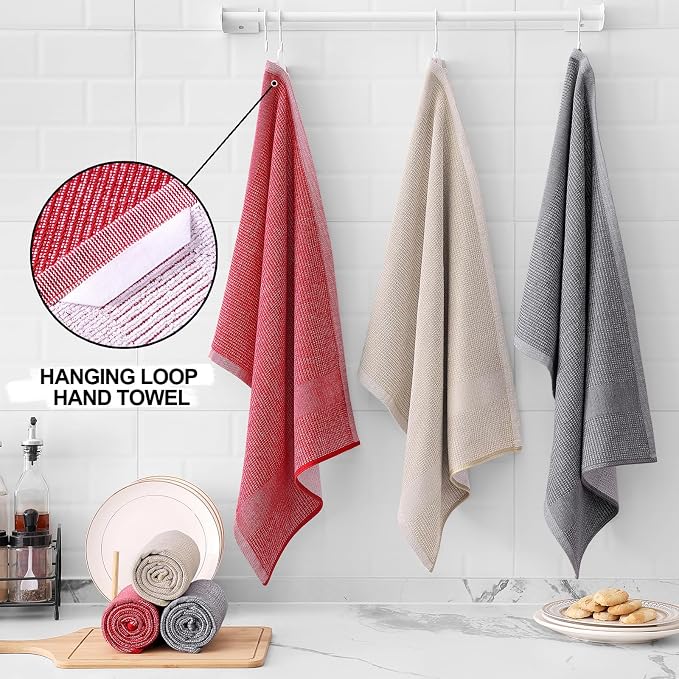 Homaxy 380 GSM Cotton Premium Kitchen Towels 6 Pack, 18"x 28", Mix | Flat and Terry Dish Towels, Highly Absorbent Tea Towel Set with Hanging Loop, Soft Kitchen Hand Towels, Red/Grey/Khaki - Image 3