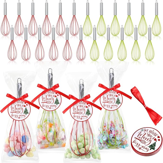FoldTier 72 Sets 10 Inch Christmas Whisks Gifts DIY Fillable Christmas Tree Ornaments Xmas Colored Silicone Whisks for Cooking Heat Resistant Egg Beaters with Card Rope Bag for Candy Holder by FoldTier