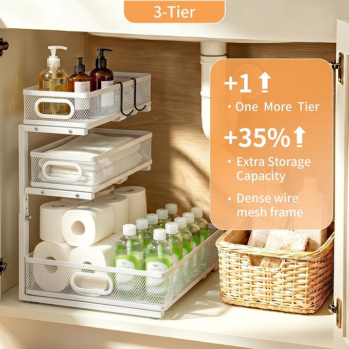 3 Tier Mesh Pull Out Organizer White 2 Pack Sliding Rack | White mesh dual pack organizers for clean modern cabinet storage in bathroom and kitchen daily use organization - Image 2