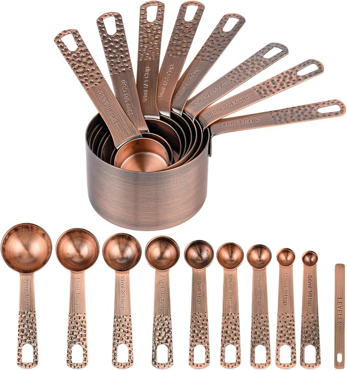 Copper Plated Measuring Cups and Spoons set 18 for Dry & Liquid, Metric & US Stainless Steel Measuring Cup and Spoon Set with Leveler for Baking & Kitchen by Nstezrne