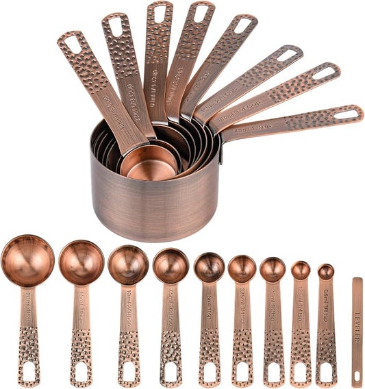 Copper Plated Measuring Cups and Spoons set 18 for Dry & Liquid, Metric & US Stainless Steel Measuring Cup and Spoon Set with Leveler for Baking & Kitchen by Nstezrne