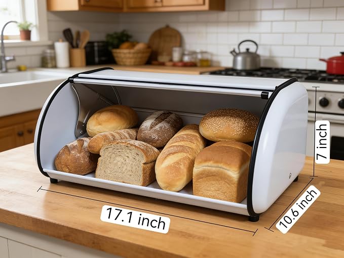 Large Metal Bread Box for Kitchen Countertop, White Roll Top Bin | Large stainless steel bread box with a smooth roll-top lid stores loaves, bagels and pastries, keeping countertop organized - Image 2