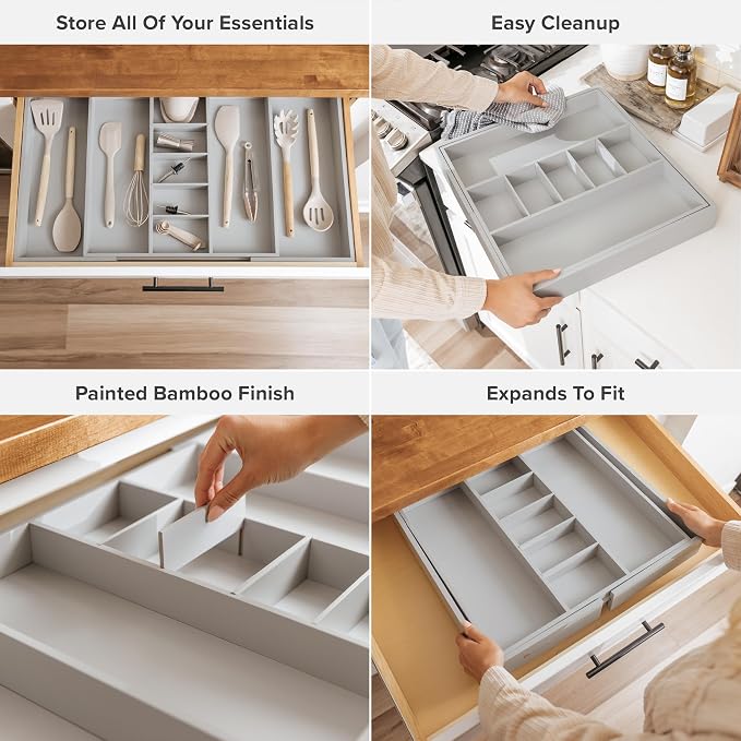 Utensil & Junk Drawer Organizer, 19-33 in, Gray Bamboo | Food-safe contract grade, 100% sustainable wood, non-slip, adjustable - Image 3