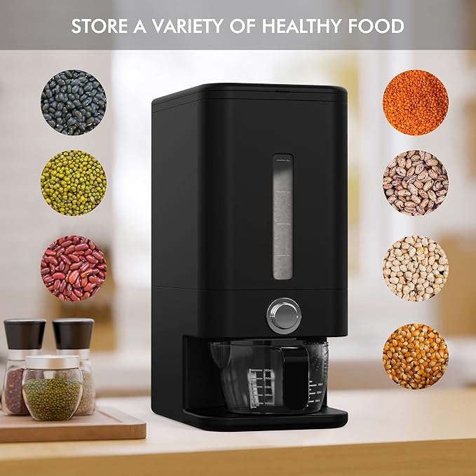 25lb Rice Dispenser - Air Tight Grain & Rice Container With Smart Quantity Dispense, Measuring Cup - NEW Black Design Grain Storage Container. - Image 5
