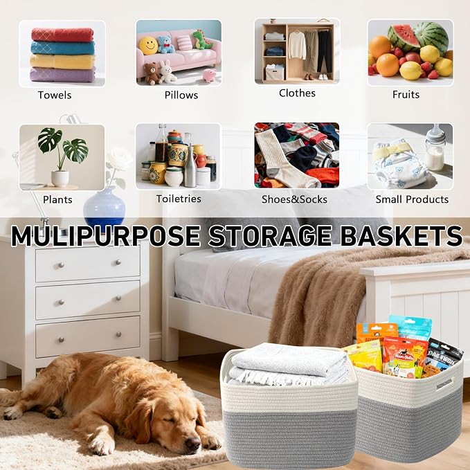 3 Pack Woven Baskets,Storage Baskets for Shelves with Handles | 13.5"×11"×9.5", Closet Baskets, Nursery Organizer for Toys Towels Books, Storage Bin for Living Room Bedroom (White & Grey) - Image 5