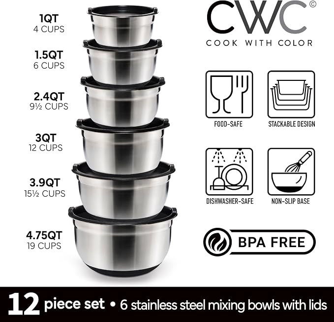 COOK WITH COLOR Stainless Steel Mixing Bowls Set with Lids - Nesting Bowls with Non-Slip Bottom, Black, 12 Pieces - Image 2