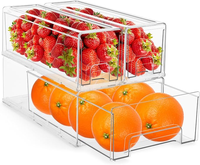 Sorbus Fridge Drawers - Clear Stackable Pull Out Refrigerator Organizer Bins - Food Storage Containers for Kitchen, Freezer, Vanity & Fridge (3 Pack | 1 Medium, 2 Small Stackable Drawer Bins) by Sorbus