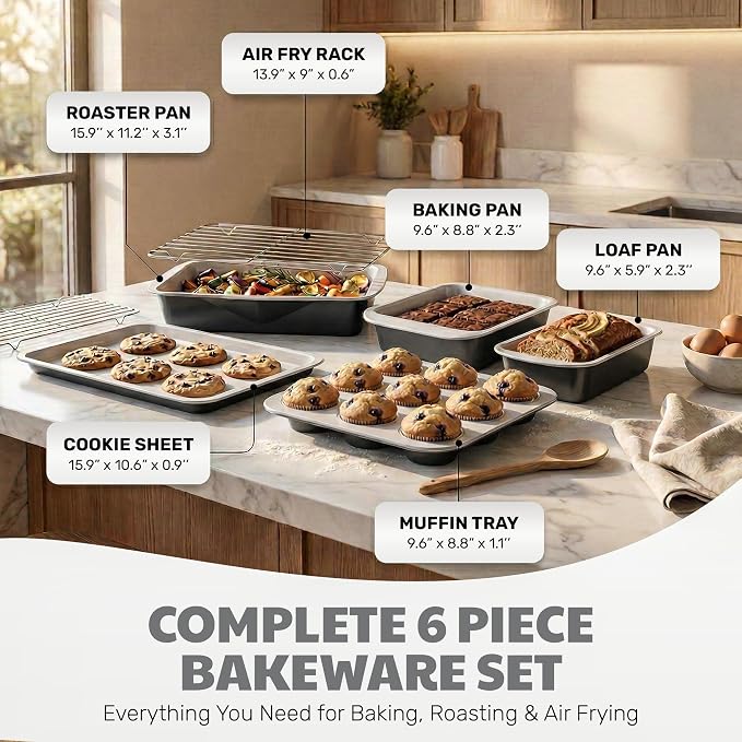 Gotham Steel 6 Pc Stackable Baking Pans Set, 70% Space Saving Design, Ceramic Bakeware Sets Non Toxic Made Without PFOA PFOS, with Cookie Sheet Tray, Cake & Muffin Pans, Oven & Dishwasher Safe - Image 2