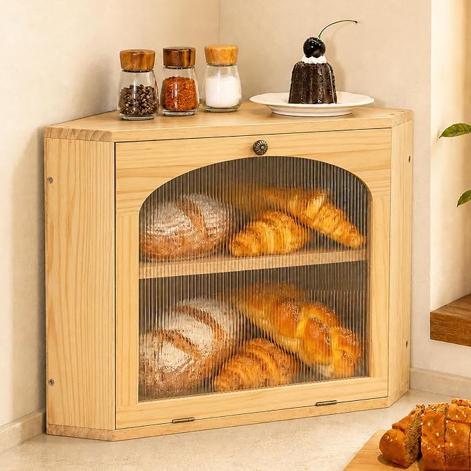 Corner Bread Box for Kitchen Countertop, Solid Wood, Natural | 2-Tier Large Capacity, Wooden Bread Box, Vintage Farmhouse Breadbox, Pine Wood, Bread Storage Container, Adjustable Shelf by CheerNest