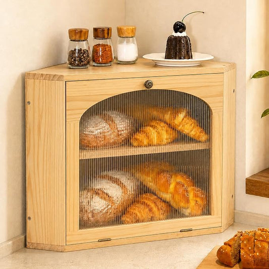 Corner Bread Box for Kitchen Countertop, Solid Wood, Natural | 2-Tier Large Capacity, Wooden Bread Box, Vintage Farmhouse Breadbox, Pine Wood, Bread Storage Container, Adjustable Shelf by CheerNest