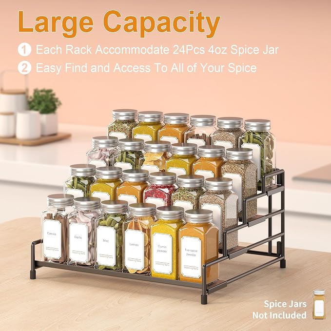 RUILALIFE 4-Tier-Spice-Rack-Organizer-for-Cabinet, Adjustable Depth Spice Holder Shelf For Countertop Pantry Cupboard, Metal Tiered Seasoning Organizer,Display Shelf Riser (Black-2 Pack) - Image 4