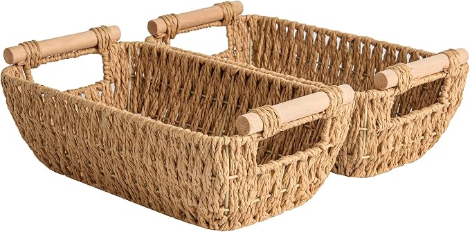 StorageWorks Hand-Woven Small Wicker Baskets, Round Paper Rope Storage Baskets with Wooden Handles, Light Brown, 2-Pack by StorageWorks