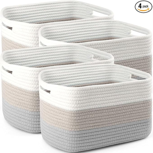 4 Pack Large Storage Baskets for Organizing, 16''Lx12''Wx8''H Woven Baskets for Storage Toys, Towels, Books, and Clothes, Cotton Rope Basket for Shelves with Handle by Unknown