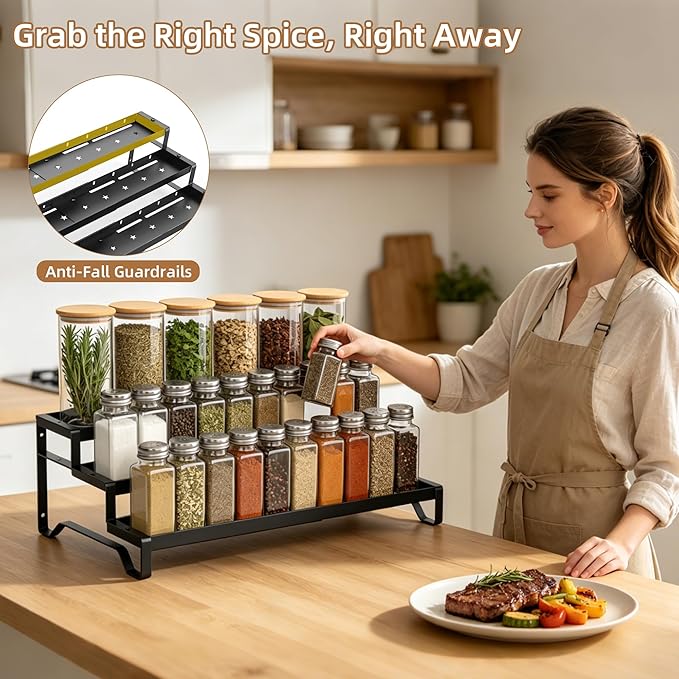 Expandable Spice Rack Organizer for Cabinet 3 Tier Spicy Shelf Black 2Pack | Adjustable Length 13"-21", Easy to See Labels, Sturdy Metal, Slip-Resistant Guardrails for Jars, Cabinet & Countertop Storage - Image 3