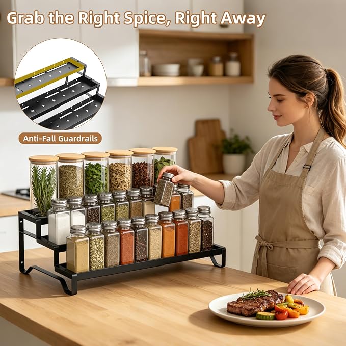 Expandable Spice Rack Organizer for Cabinet 3 Tier Spicy Shelf Black 2Pack | Adjustable Length 13"-21", Easy to See Labels, Sturdy Metal, Slip-Resistant Guardrails for Jars, Cabinet & Countertop Storage - Image 3