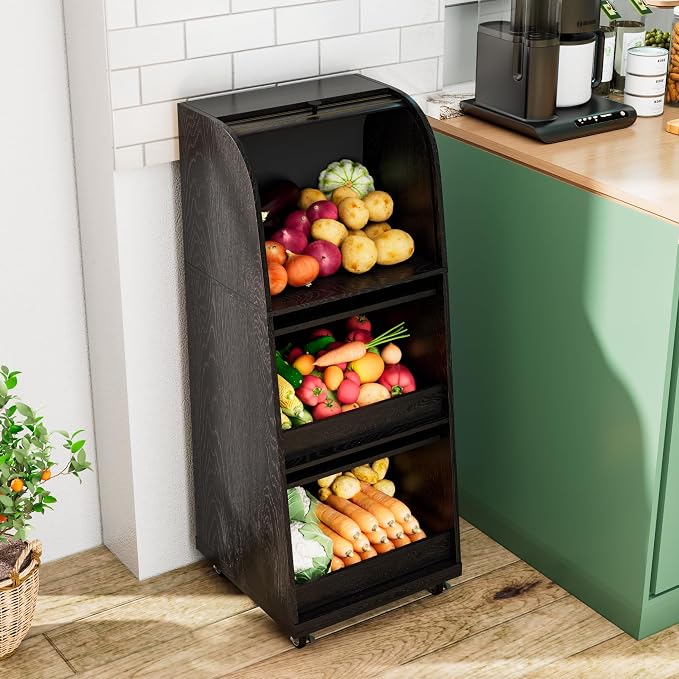 Movable Potato Storage Bins, Fruit Vegetable Basket, Kitchen Pantry Cabinet | Potato and Onion Storage Bin, for Bread, Mid Century Modern, Wooden, with Sliding Door and Wheels, Flip top, 3 Tier, Black - Image 4