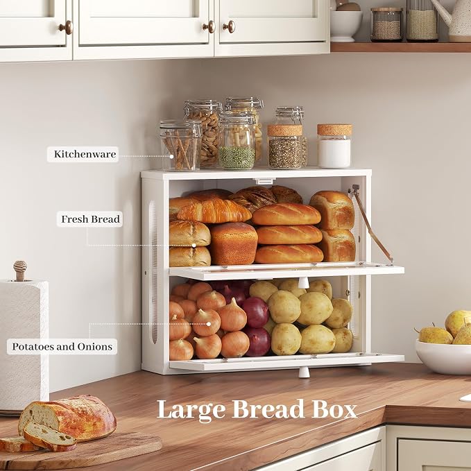 Corner Bread Box for Kitchen Countertop, 2026 New Double Layer Bamboo Bread Storage Bin, Large Bread Container for homemade bread (White) - Image 3
