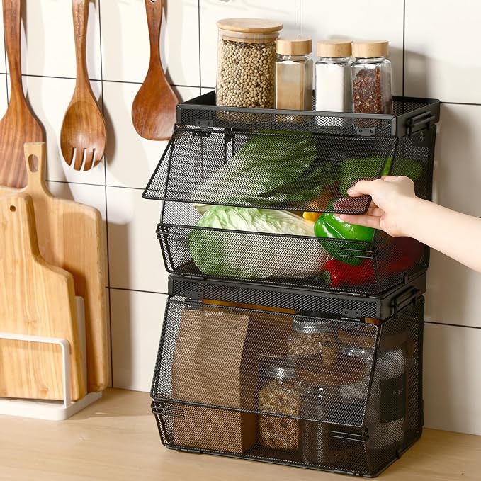 Teenyyou 2 Pcs Stackable Mesh Fruit Basket with Lid Wall Produce Vegetable Storage Basket Onion Potato Hanging Metal Wire Container for Kitchen Counter Pantry(Removable,Black,7.1" w & 11.8" l) - Image 2