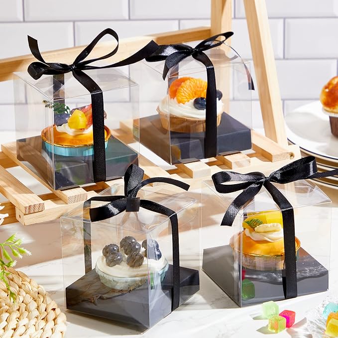 96 Pieces Individual Cupcake Boxes Single Cupcake Container Clear Cupcake Carrier Plastic Cupcake Storage Cupcake Holder with Ribbon and Insert for Wedding Birthday Party Favor, 3.5 x 3.5 x 3.5(Black) - Image 5