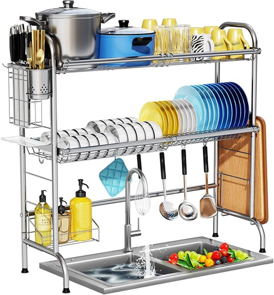 HOWDIA Stainless Steel 2-Tier Over The Sink Dish Drying Rack with Utensil Holder, Large, for Kitchen Counter | Stainless Steel, Cutlery Holder & Chopping Board Rack, for Kitchen Counter by HOWDIA