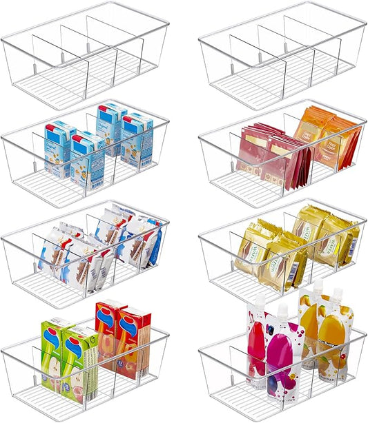 Vtopmart 8 Pack Food Storage Organizer Bins, Clear Plastic, 4 Compartments | For Pantry, Kitchen, Fridge and Cabinet Organization, Organize Food Packets, Snacks, Pouches and Spice Packets by Vtopmart