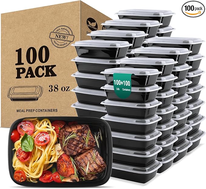 38 Oz Plastic Meal Prep Containers - [100 Set] Food Storage Containers with Lids - Clear Disposable To Go Containers, BPA Free, Stackable, Leakproof, Microwave and Freezer Safe by Unknown