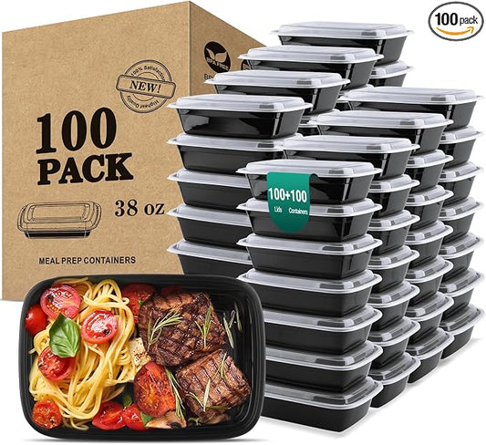 38 Oz Plastic Meal Prep Containers - [100 Set] Food Storage Containers with Lids - Clear Disposable To Go Containers, BPA Free, Stackable, Leakproof, Microwave and Freezer Safe by Unknown