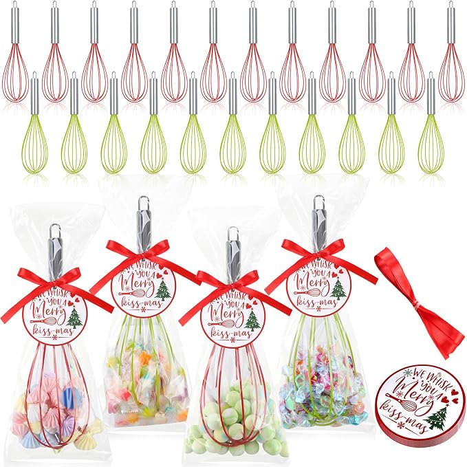 FoldTier 36 Sets 10 Inch Christmas Whisks Gifts DIY Fillable Christmas Tree Ornaments Xmas Colored Silicone Whisks for Cooking Heat Resistant Egg Beaters with Card Rope Bag for Candy Holder by FoldTier