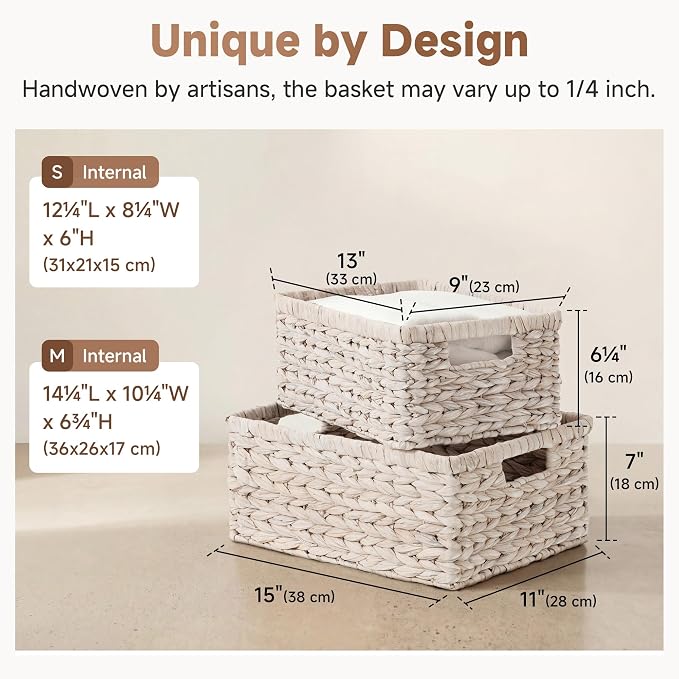 StorageWorks Large Wicker Baskets for Storage, White Wicker Baskets, 2-Pack | Water Hyacinth Storage Baskets for Organizing, Wicker Storage Baskets for Shelves,Pantry Organizers and Storage,Woven Baskets - Image 3
