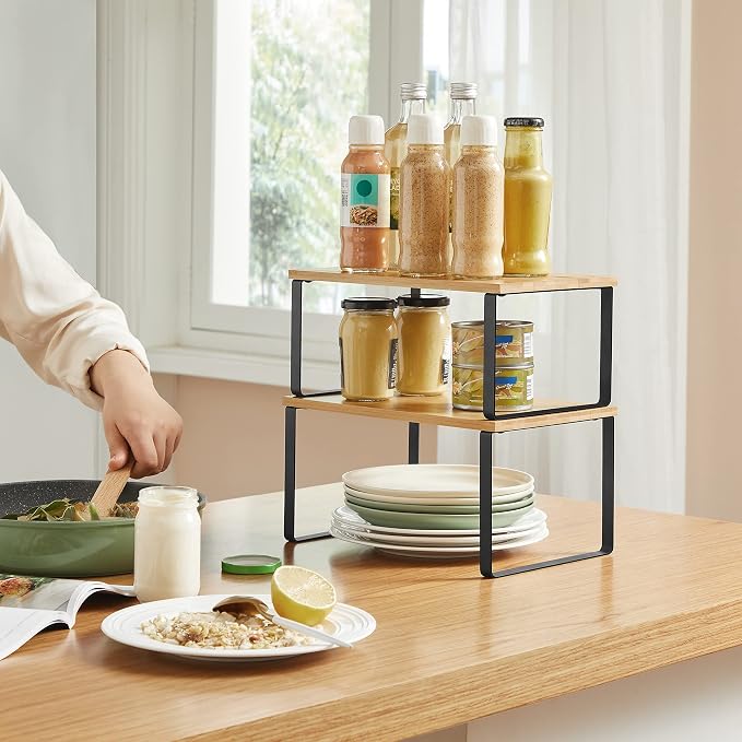 SONGMICS Set of 2 Cabinet Organizers and Countertop Shelves Bundle, Kitchen Counter Shelving, Stackable and Expandable, Rustic and Black and Natural UKCS02NB and UKCS020X01 - Image 2