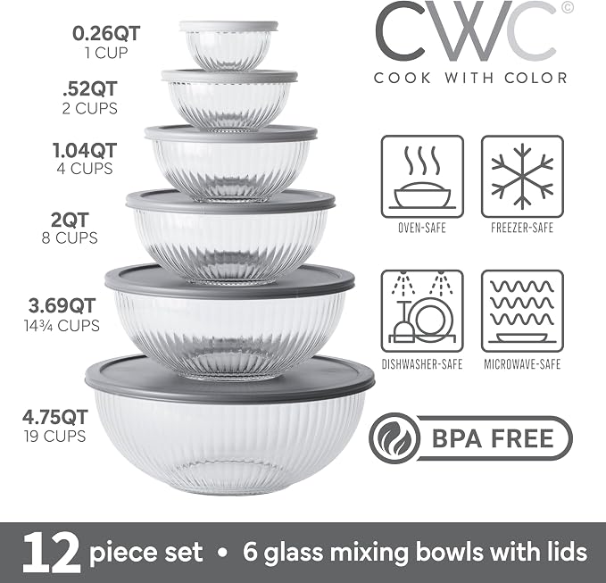 COOK WITH COLOR 12 Pc Glass Mixing Bowl Set with Lids – Borosilicate Glass Nesting Bowls for Cooking, Baking and Meal Prep, Fluted Grey - Image 3