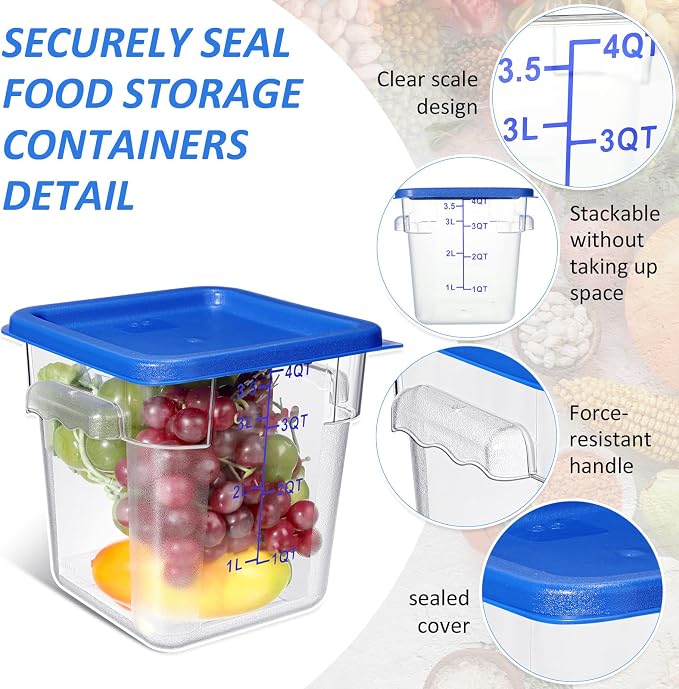Yungyan 12 Pcs 4 Qt Commercial Food Storage Containers with Lids Restaurant Square Airtight Food Storage Containers Clear Cereal Containers for Kitchen Freezer Dishwasher Pantry(Blue Lid) - Image 3