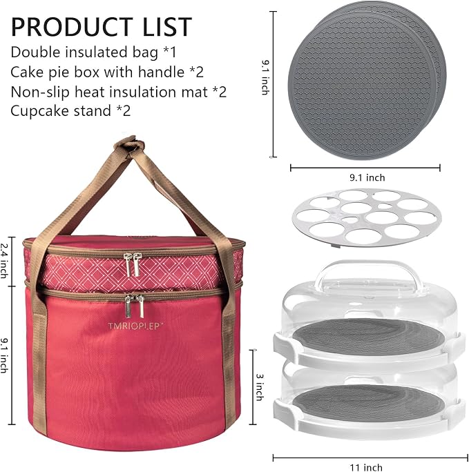 2 Pack Pie Carrier with Lids and Handles, Loadable Cupcake or Pizza Storage Containers, Includes Insulated Bags and Insulated Non-Slip Pads, Perfect for Transportation (Red) - Image 2