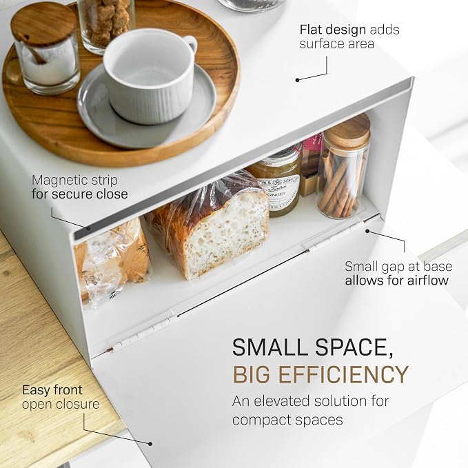 YAMAZAKI Home Modern Bread Box – Steel + Wood Countertop Bread Storage Container, Large White Bread Box for Kitchen Countertop, Space-Saving Bread Keeper, Easy Access Lid | Large bread box for kitchen countertops. Features an easy-access lid to keep br... - Image 3